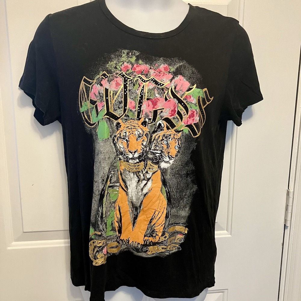 Guess‎ Los Angeles Large/XL Tiger Black T Shirt Graphic Beaded Women's